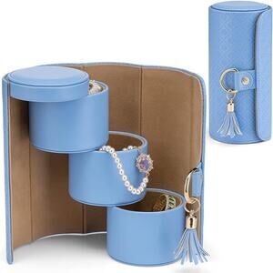 Vlando Travel Jewelry Organizer 3-Layer Jewelry Storage Box Baby Pale Blue EUC